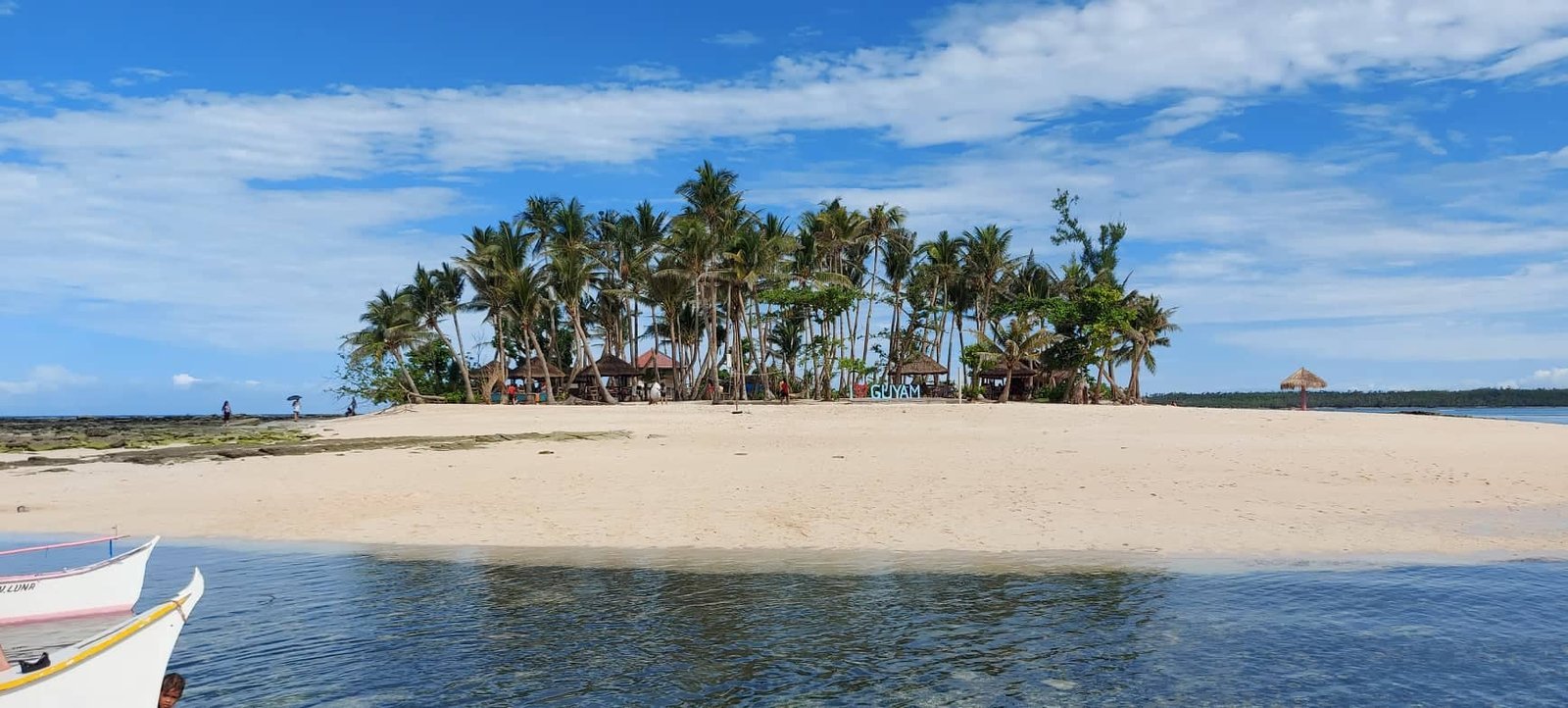 Guyam Island, a small white sand islet crowded with coconut palms, off Siargao, Philippines