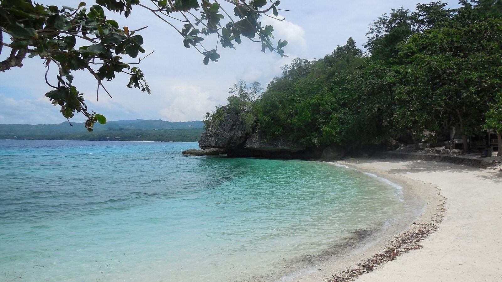 A curving white sand cove with turquoise water at Salagdoong Beach, Siquijor, Philippines