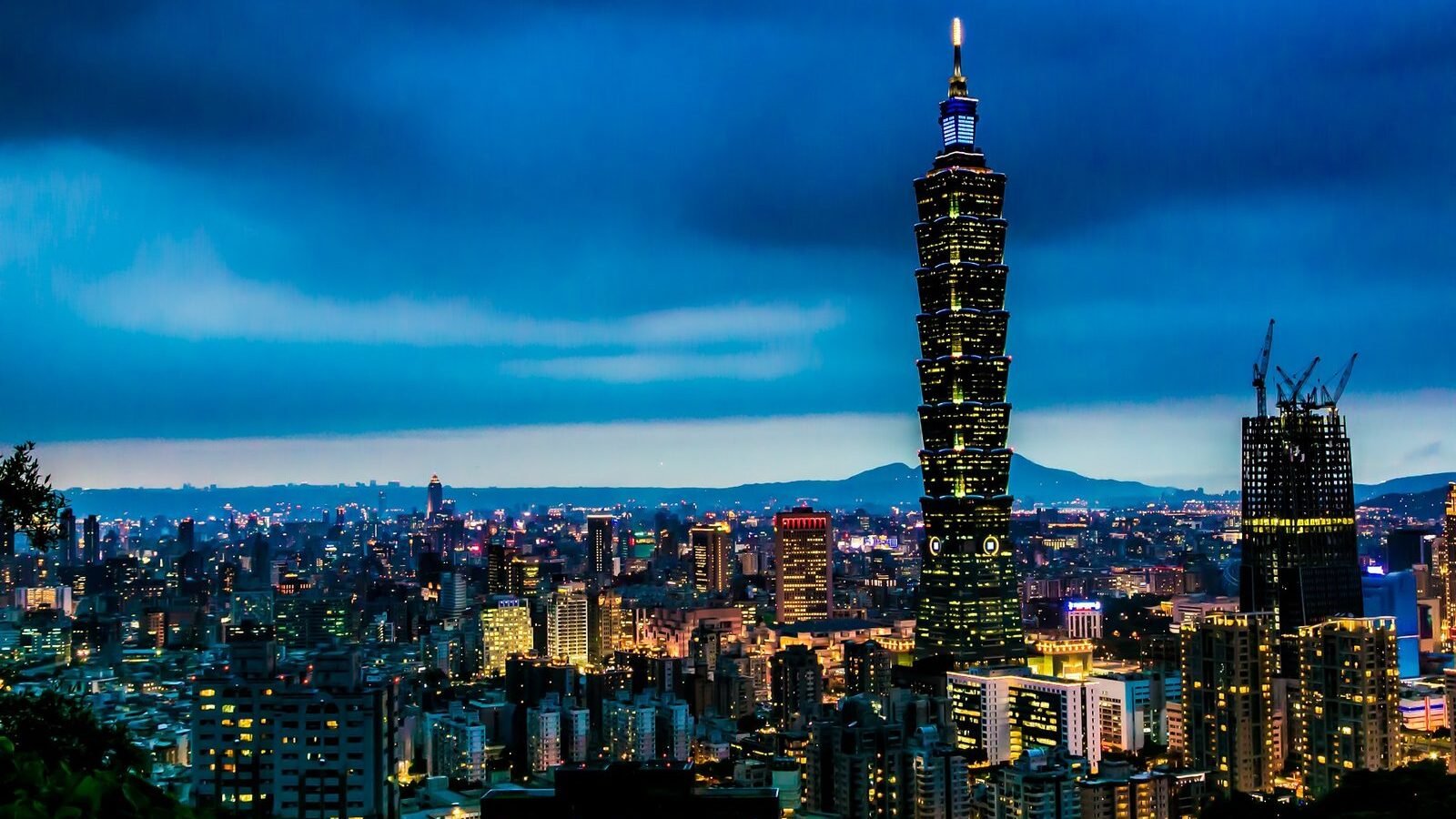 Taipei 101 tower lit up above the Taipei city skyline at blue hour, Taiwan